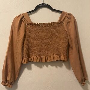 SHEIN Brown Puff Sleeve Smocked Crop Blouse
